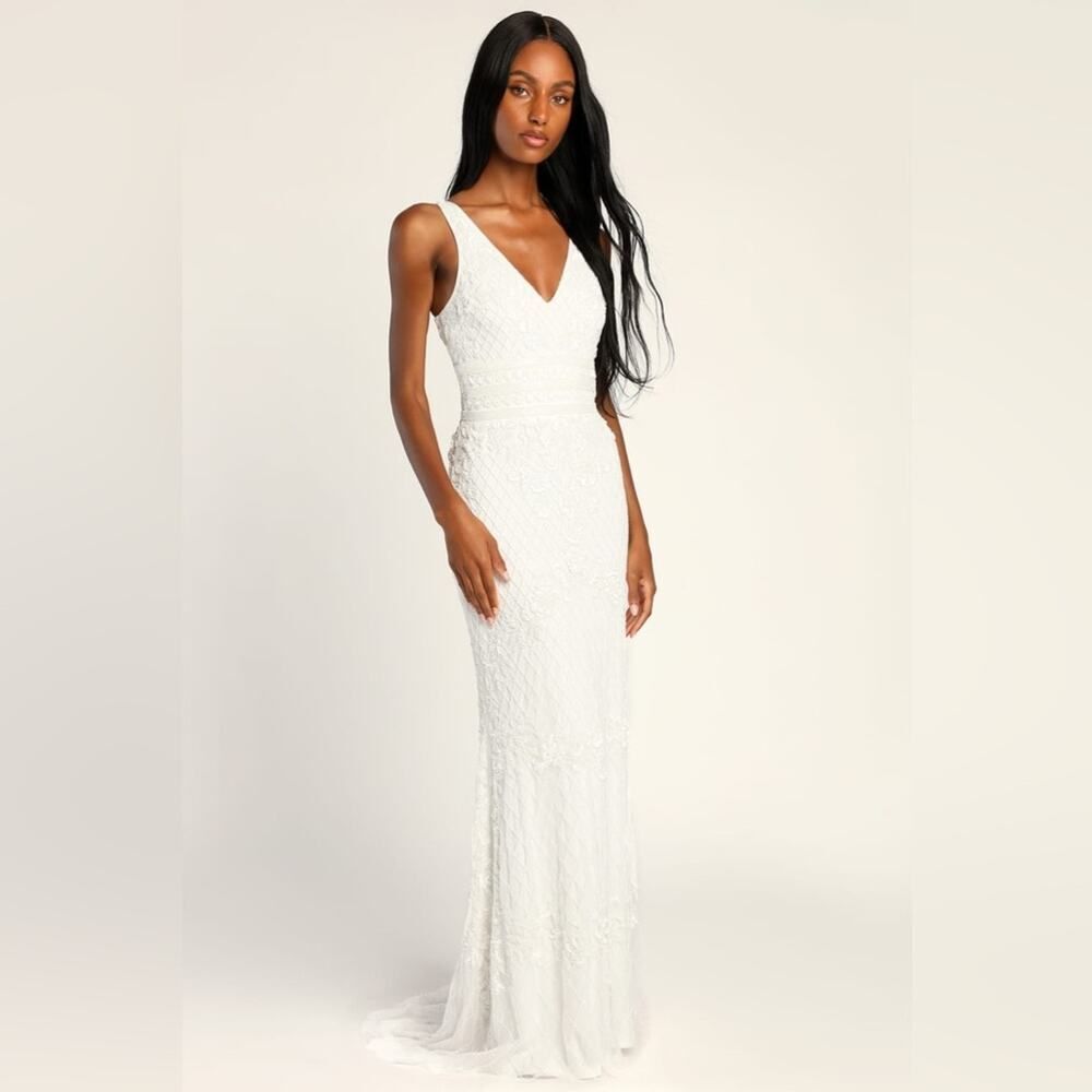 Lulus Simple Romance White Beaded Sequin Mermaid Maxi Dress NWOT Small